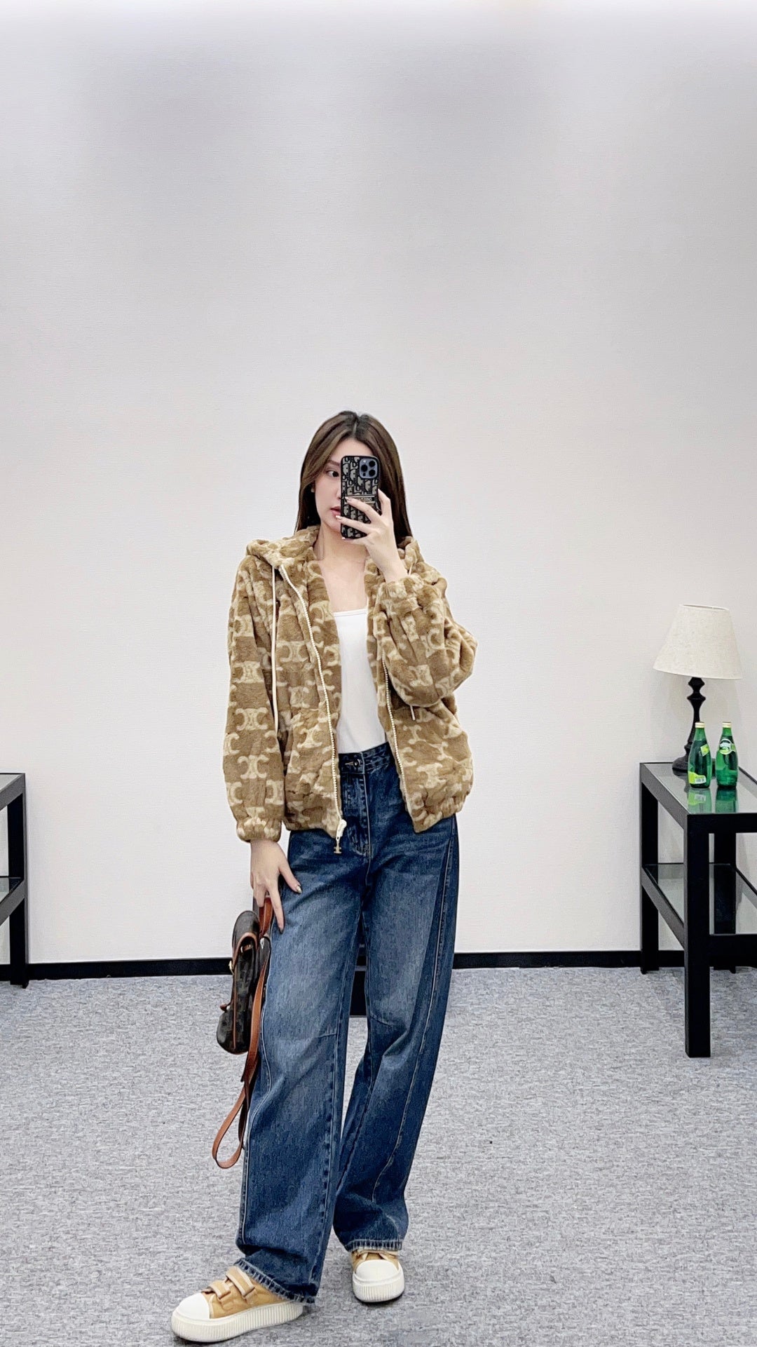 Teddy hooded jacquard zipper jacket