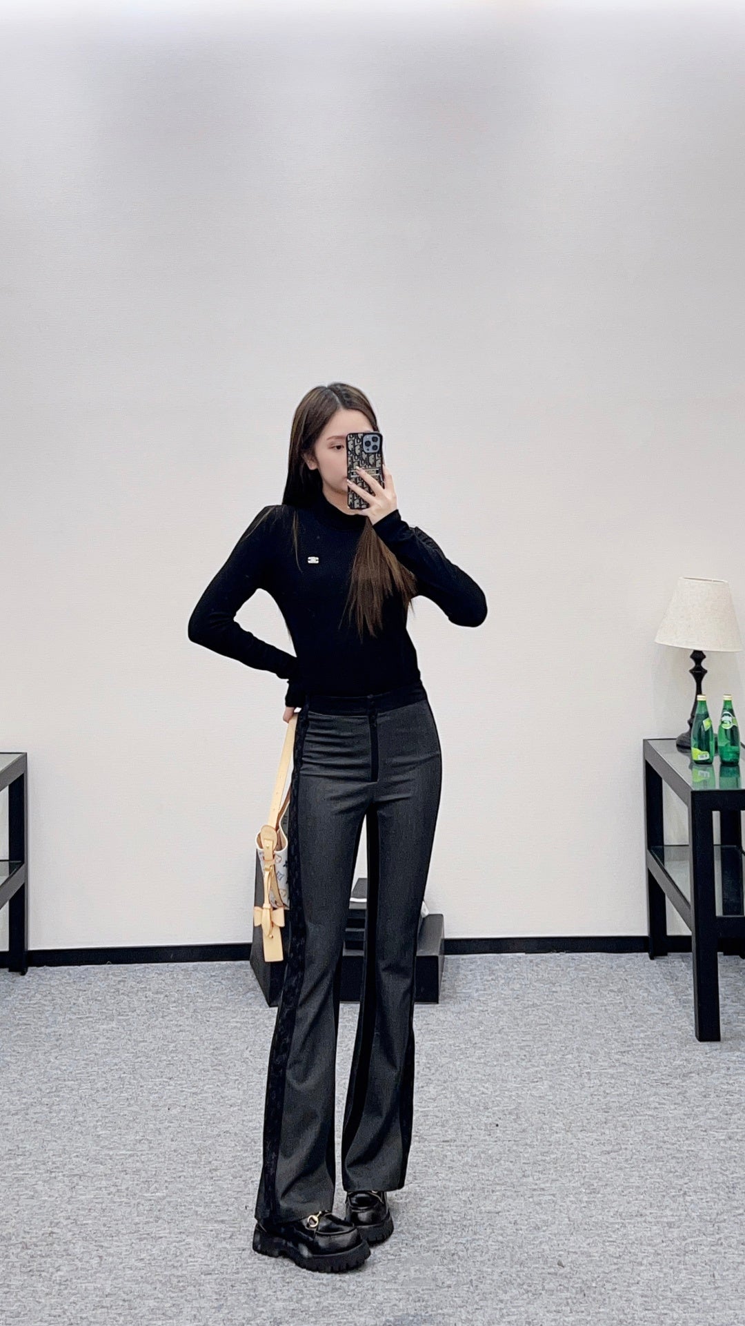 Jacquard webbing slim fit elastic micro flared pants