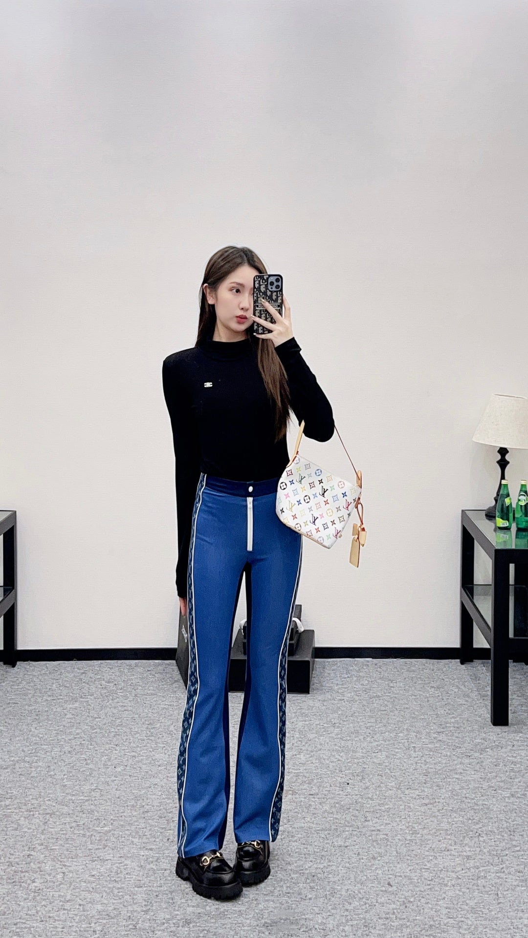 Jacquard webbing slim fit elastic micro flared pants