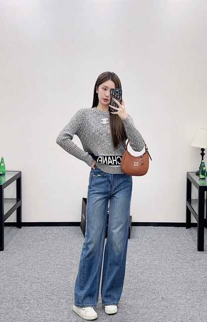 Suede wide leg denim pants