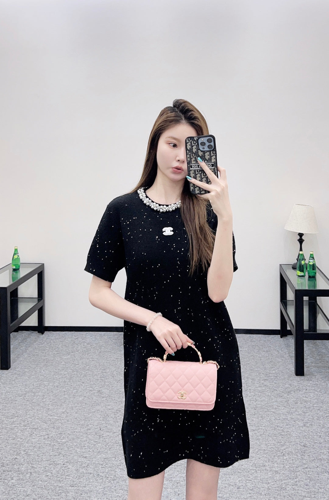 Pearl collar knitted dress