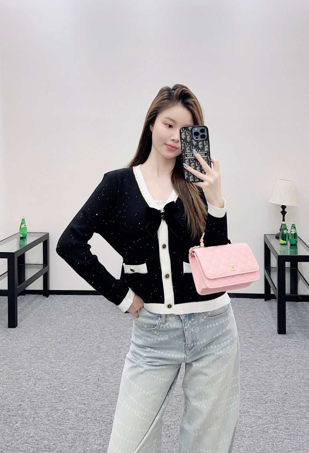 Black and white bow knitted cardigan
