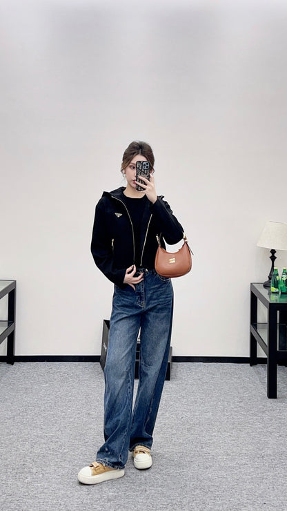 Hooded woolen zipper jacket