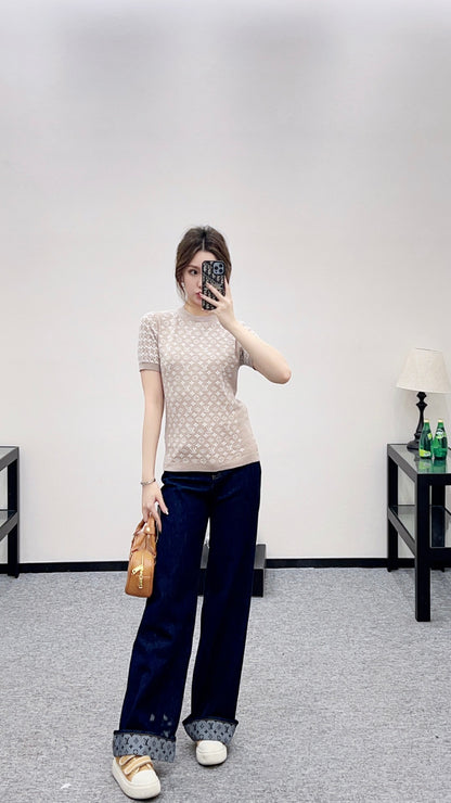 Jacquard round neck short sleeved sweater