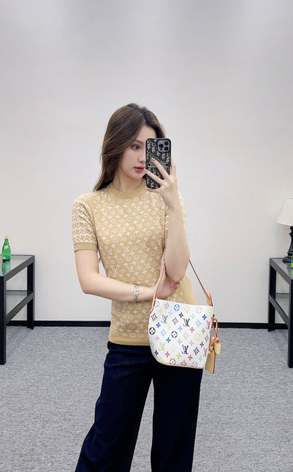 Jacquard round neck short sleeved sweater