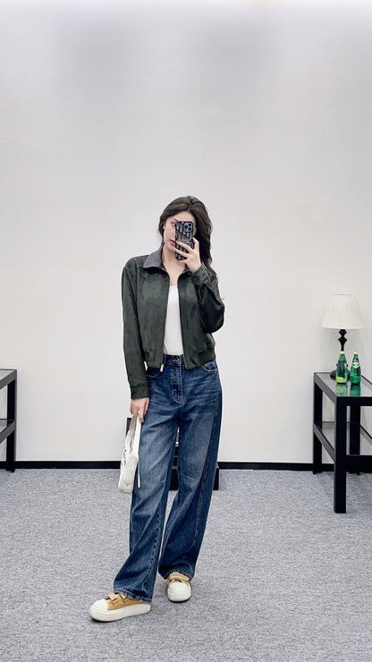 Collar jacket with patchwork leather