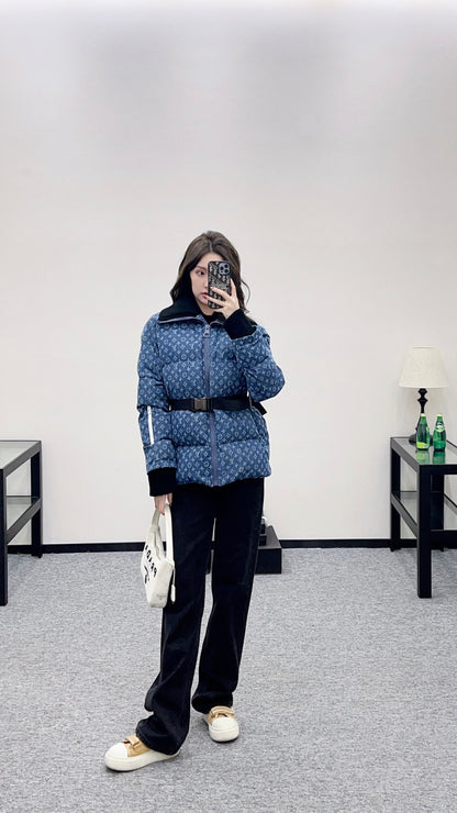 Knitted collar zipper denim down jacket