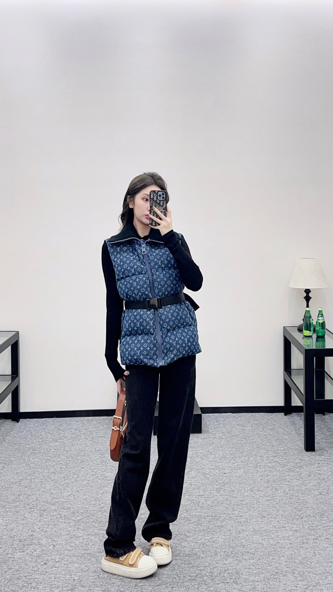 Knitted collar zipper denim down vest