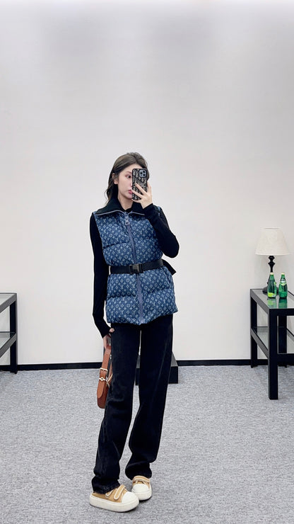 Knitted collar zipper denim down vest