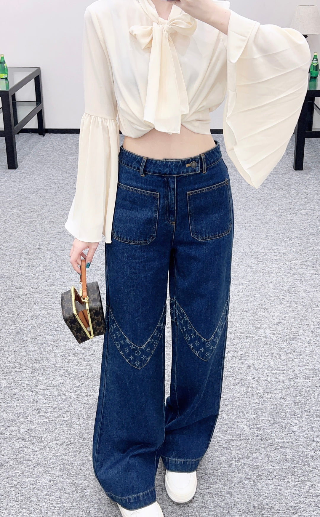 Laser splicing denim straight leg pants