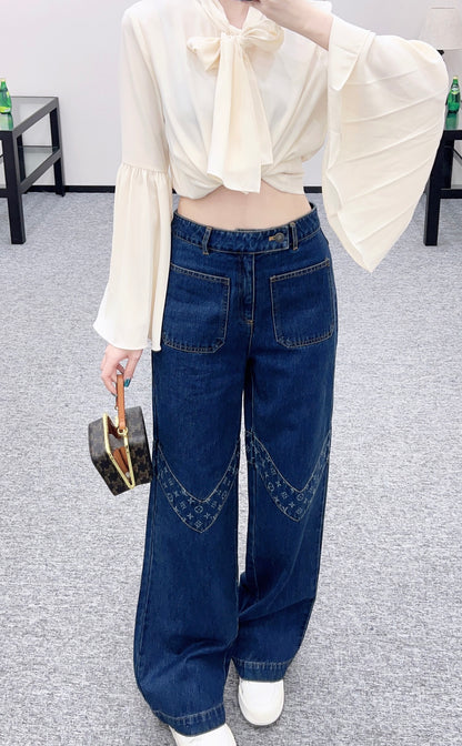 Laser splicing denim straight leg pants