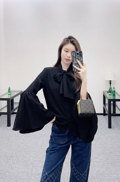 Bow ribbon wide sleeved shirt