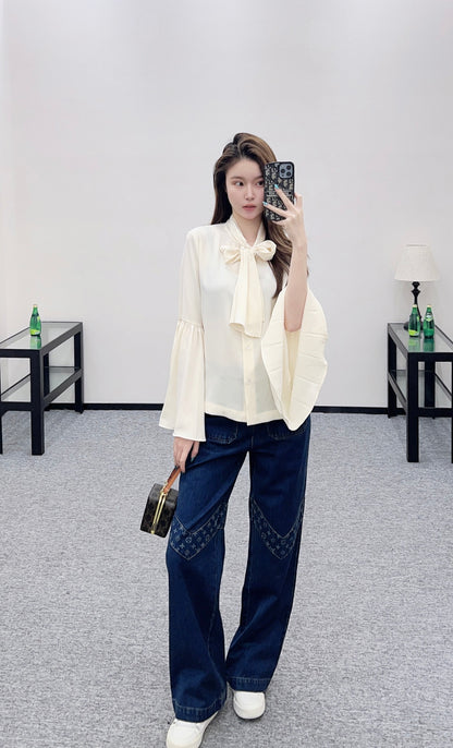 Bow ribbon wide sleeved shirt