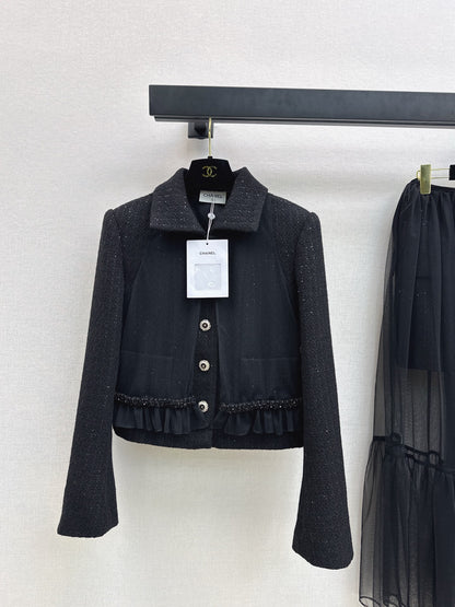 Knit lapel jacket + sleeveless mesh top two-piece set