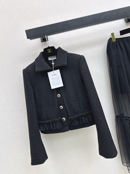 Knit lapel jacket + sleeveless mesh top two-piece set