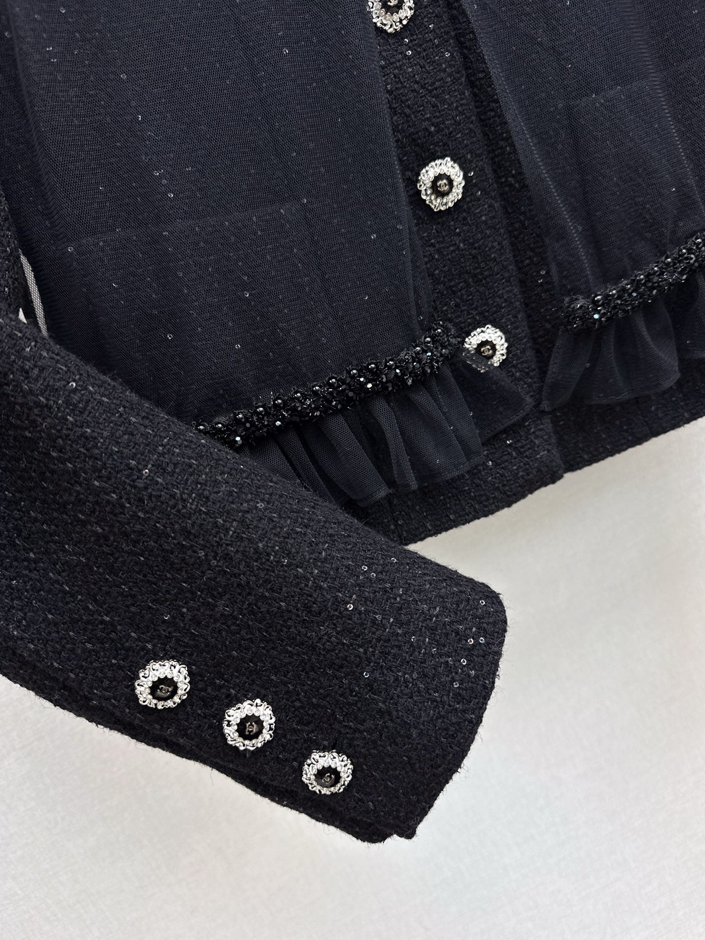 Knit lapel jacket + sleeveless mesh top two-piece set