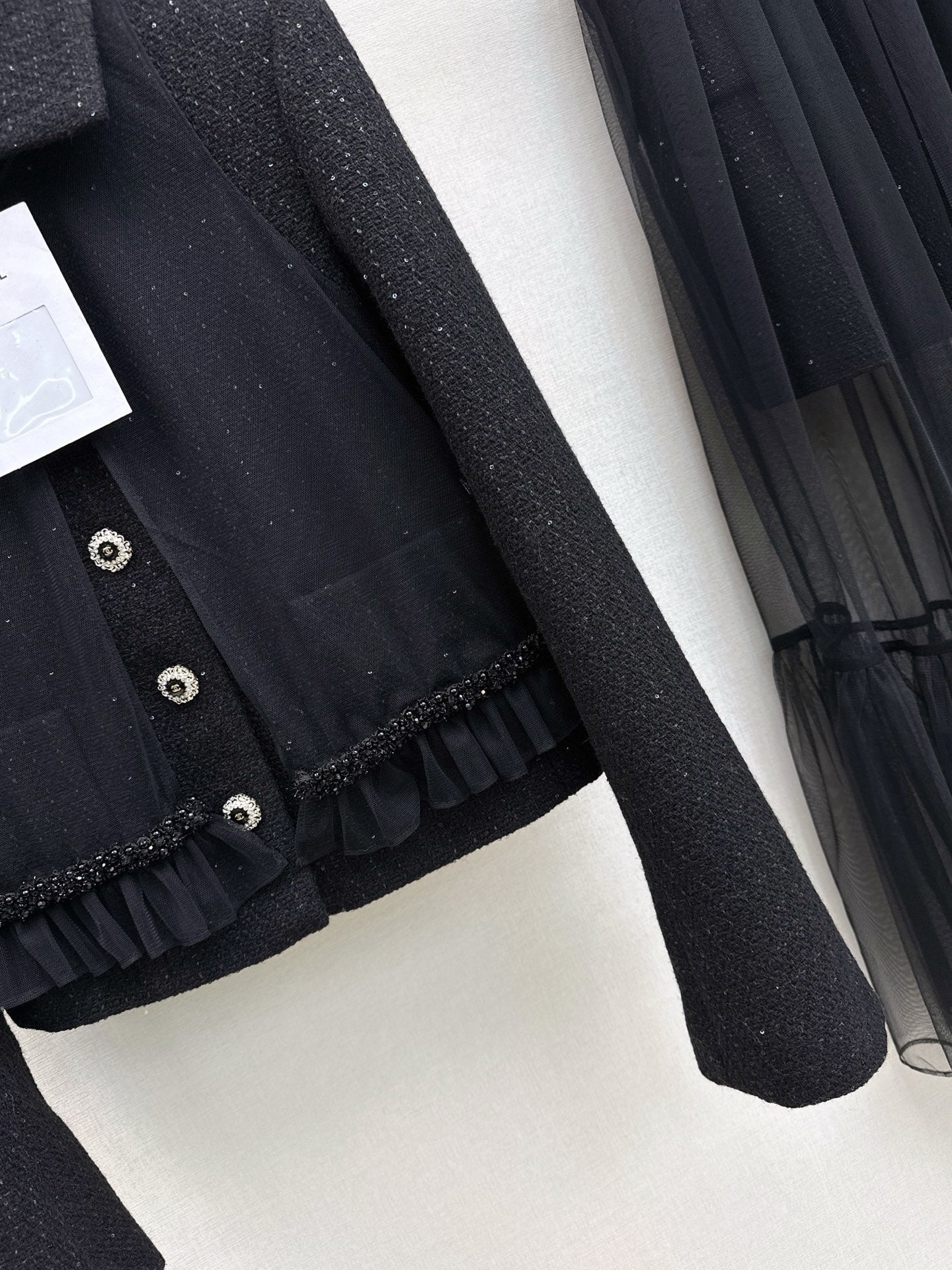 Knit lapel jacket + sleeveless mesh top two-piece set