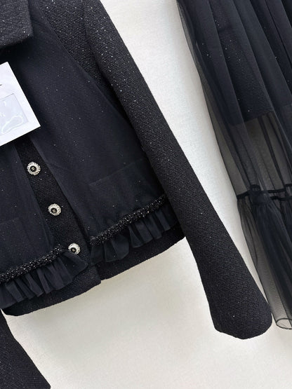 Knit lapel jacket + sleeveless mesh top two-piece set