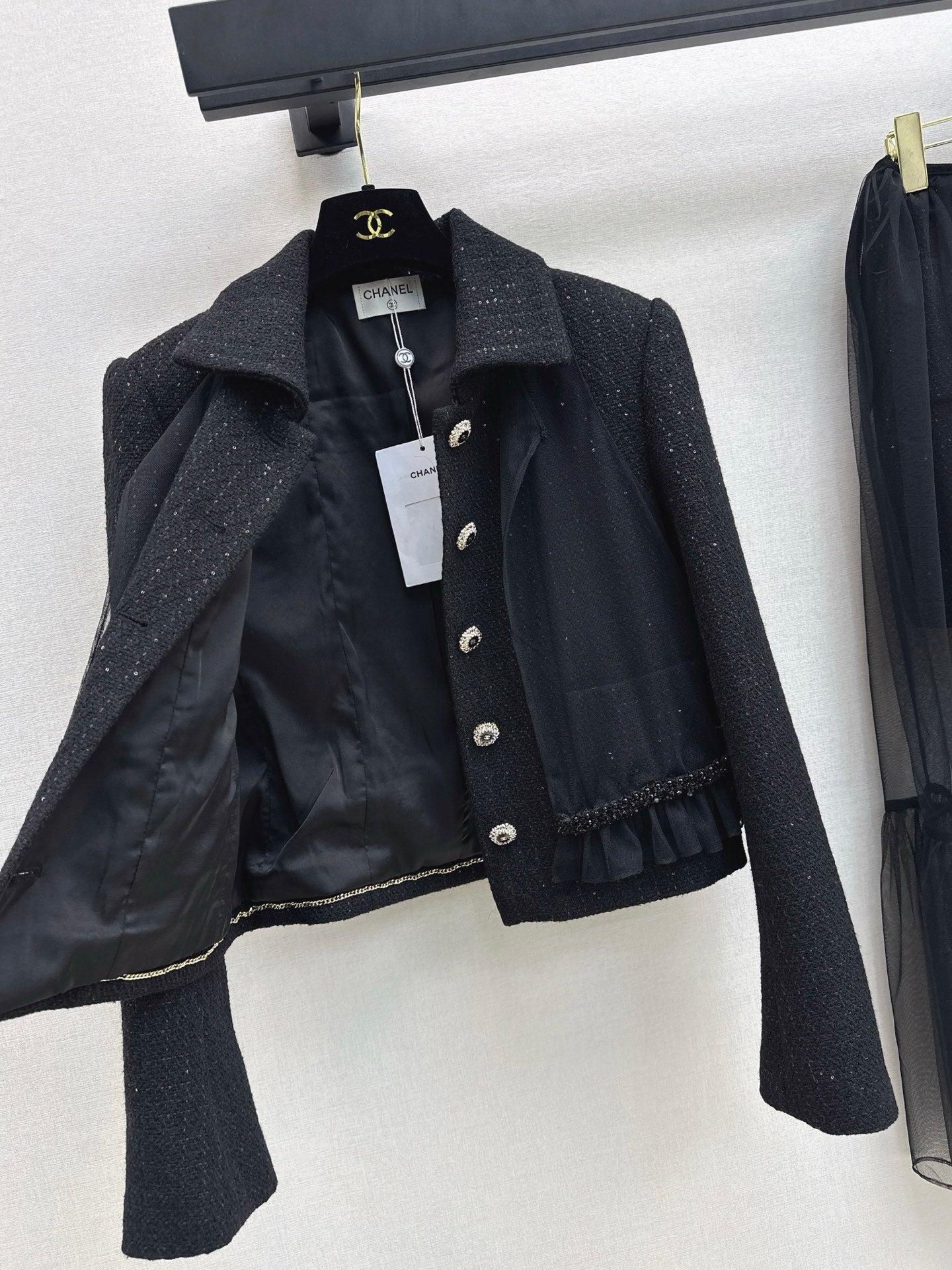 Knit lapel jacket + sleeveless mesh top two-piece set