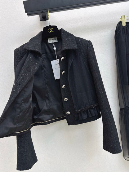 Knit lapel jacket + sleeveless mesh top two-piece set