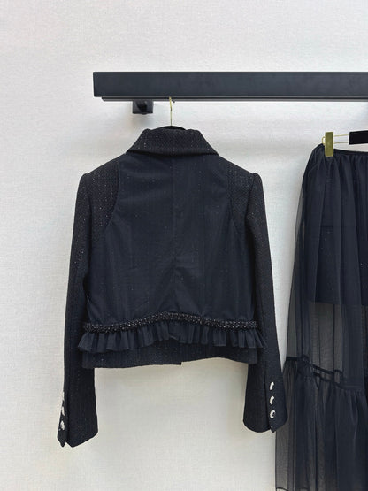 Knit lapel jacket + sleeveless mesh top two-piece set