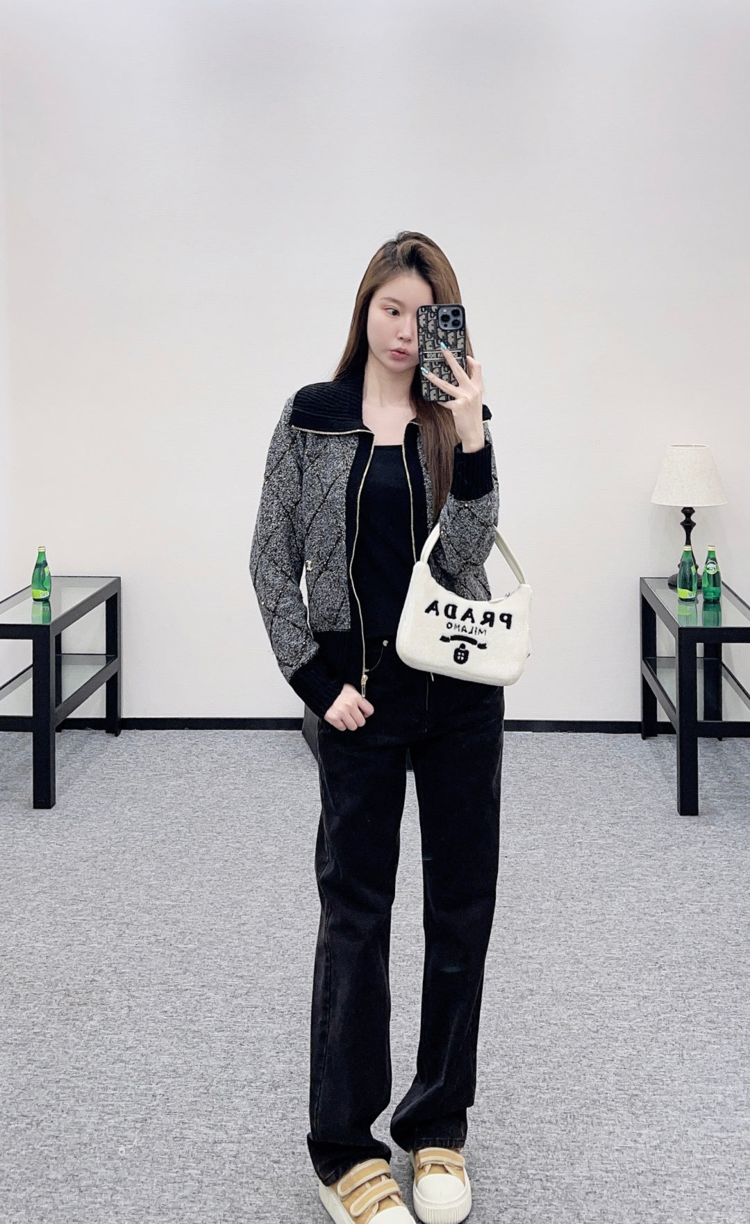 Large collar diamond grid zipper knitted jacket