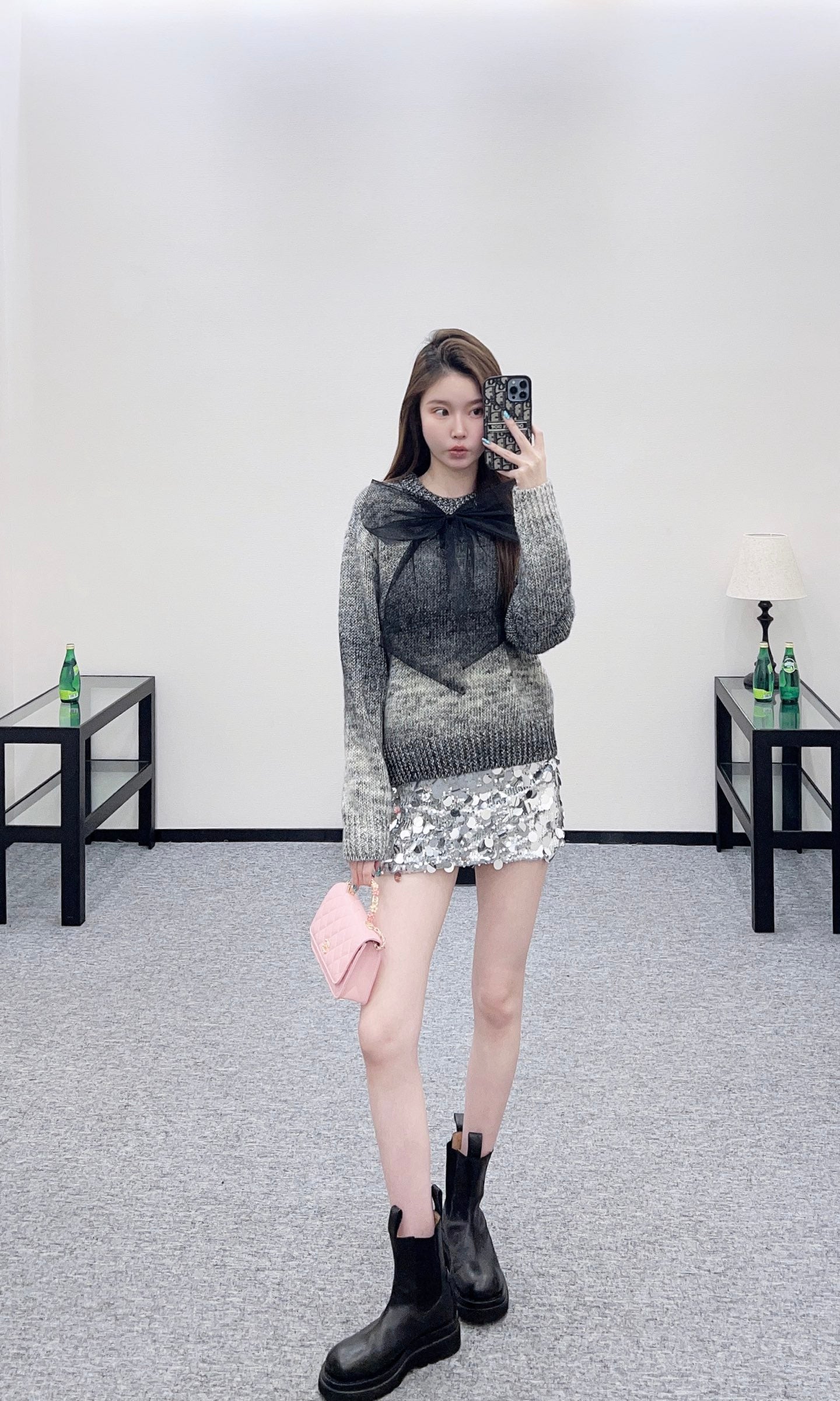 Mesh bow dyed round neck sweater