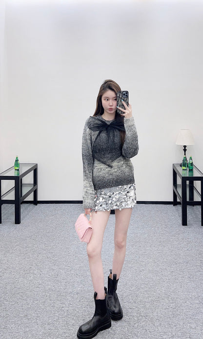 Mesh bow dyed round neck sweater