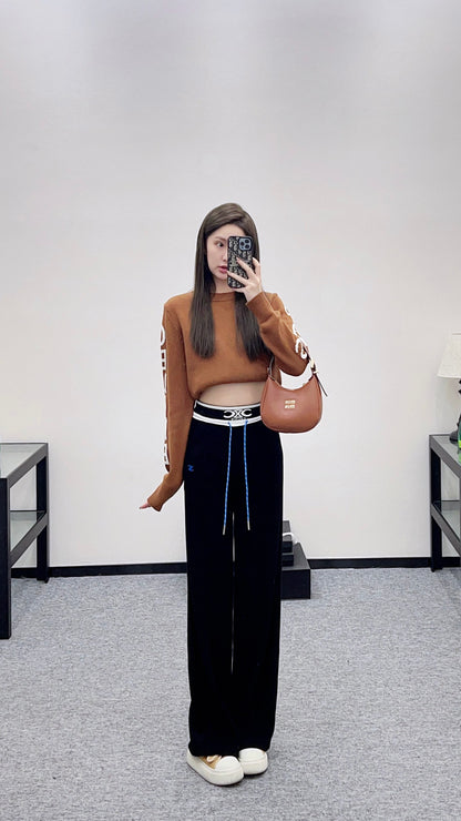 Color blocking drawstring straight leg pants