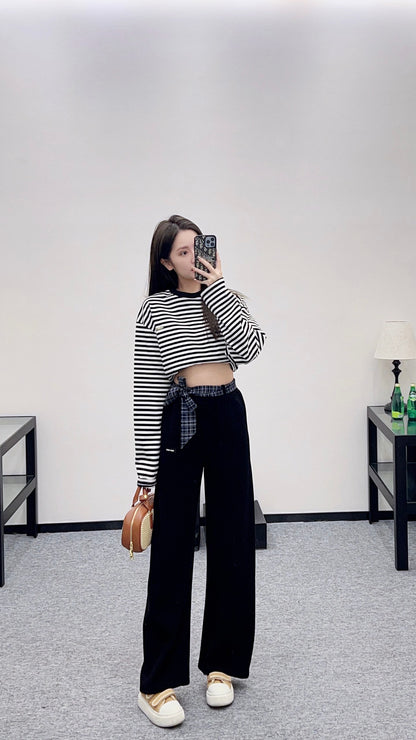 Suede plaid waistband wide leg pants