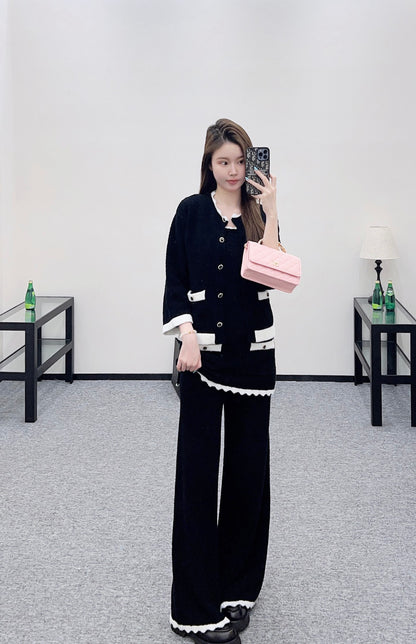Knitted contrasting cardigan wide leg pants set