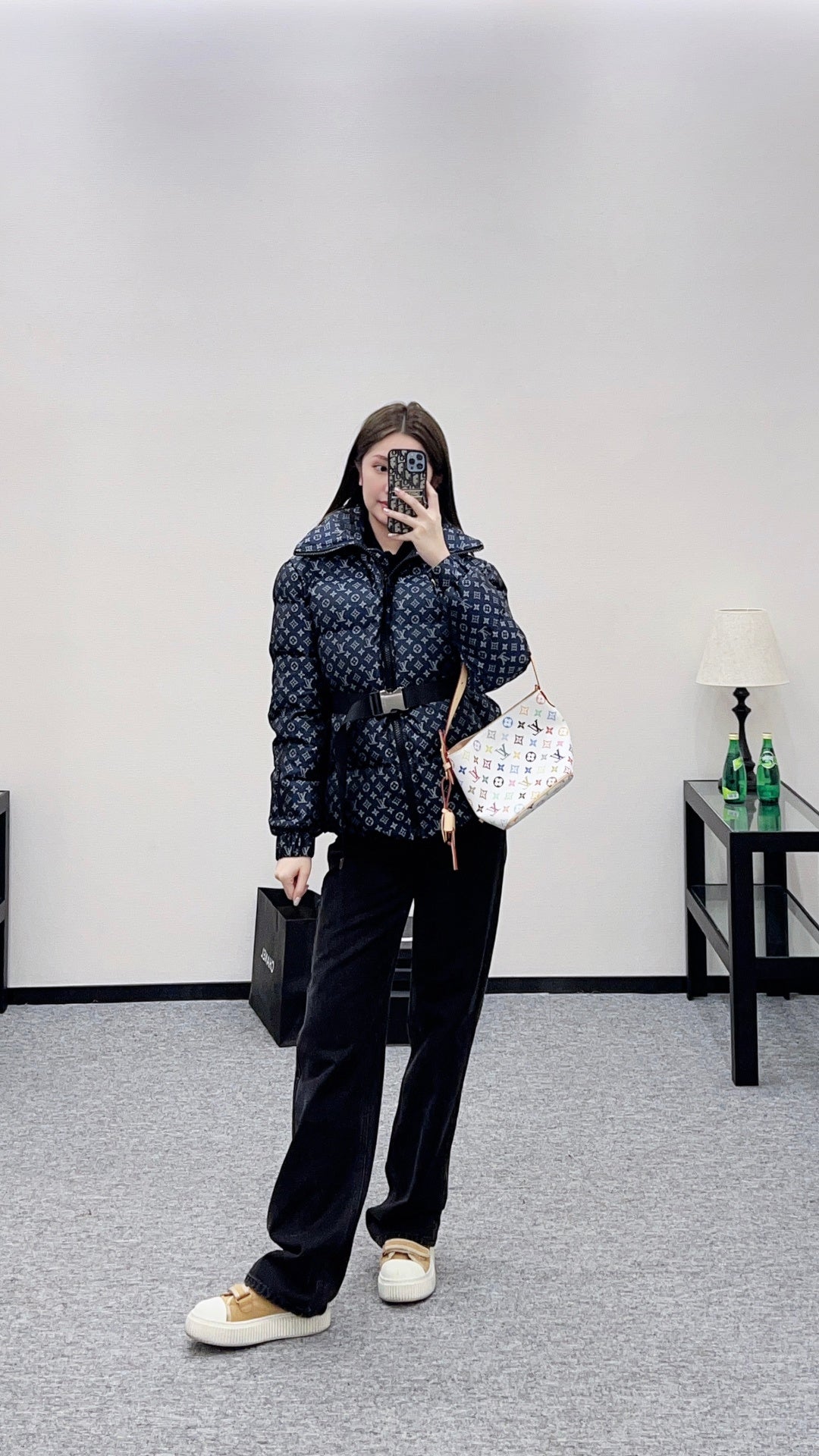 Jacquard Down Jacket with Lapel and Belt