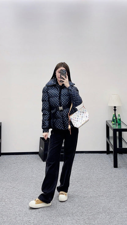 Jacquard Down Jacket with Lapel and Belt