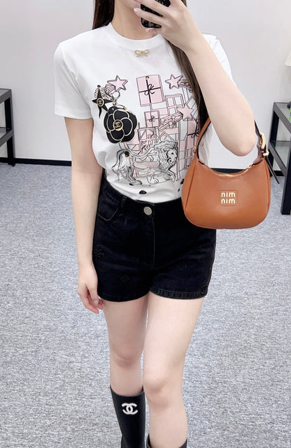 Round Neck Flocked Bow T-Shirt