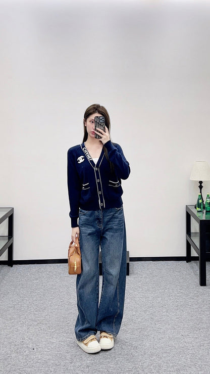 Letter V-Neck Knit Cardigan