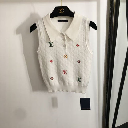 25SS Embroidered letter lapel knit vest