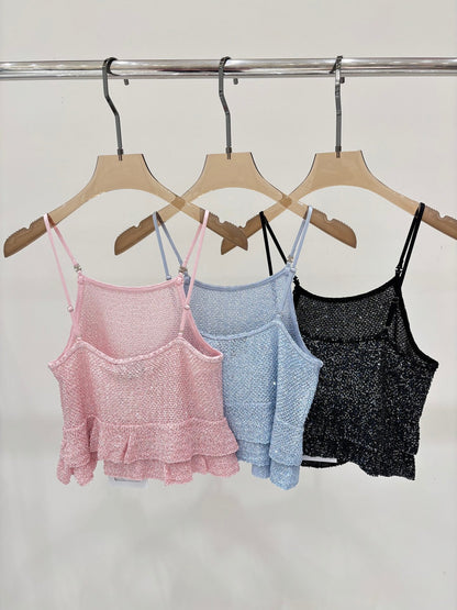 25ss Early spring new diamond button sequins decorated ruffled knitted vest