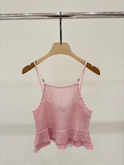25ss Early spring new diamond button sequins decorated ruffled knitted vest