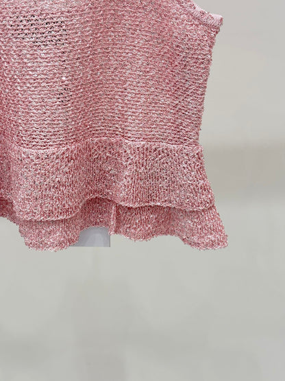 25ss Early spring new diamond button sequins decorated ruffled knitted vest