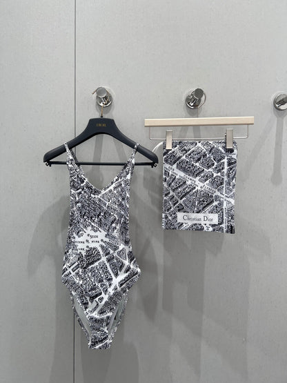 25ss Spring and Summer New Limited Edition Paris Map Printed Camisole One-Piece Swimsuit