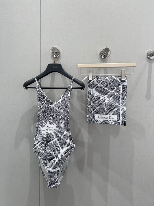 25ss Spring and Summer New Limited Edition Paris Map Printed Camisole One-Piece Swimsuit