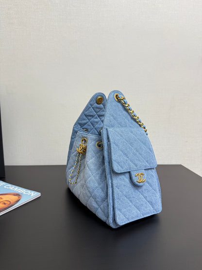 Denim Light Blue Bucket Drawstring Bag