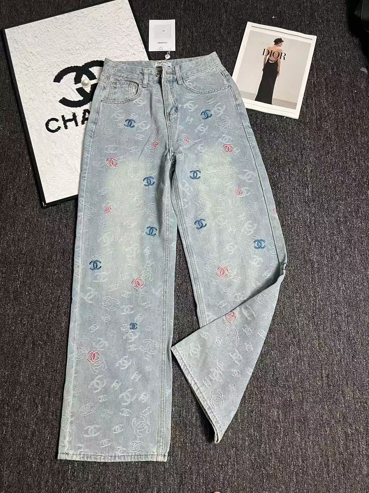 25ss Rainbow Printed Embroidered Letters White Denim Straight Pants