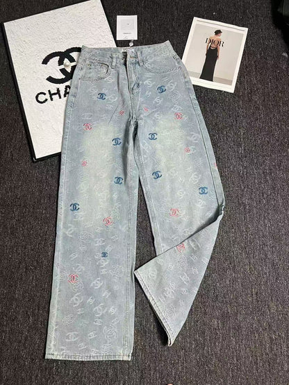 25ss Rainbow Printed Embroidered Letters White Denim Straight Pants