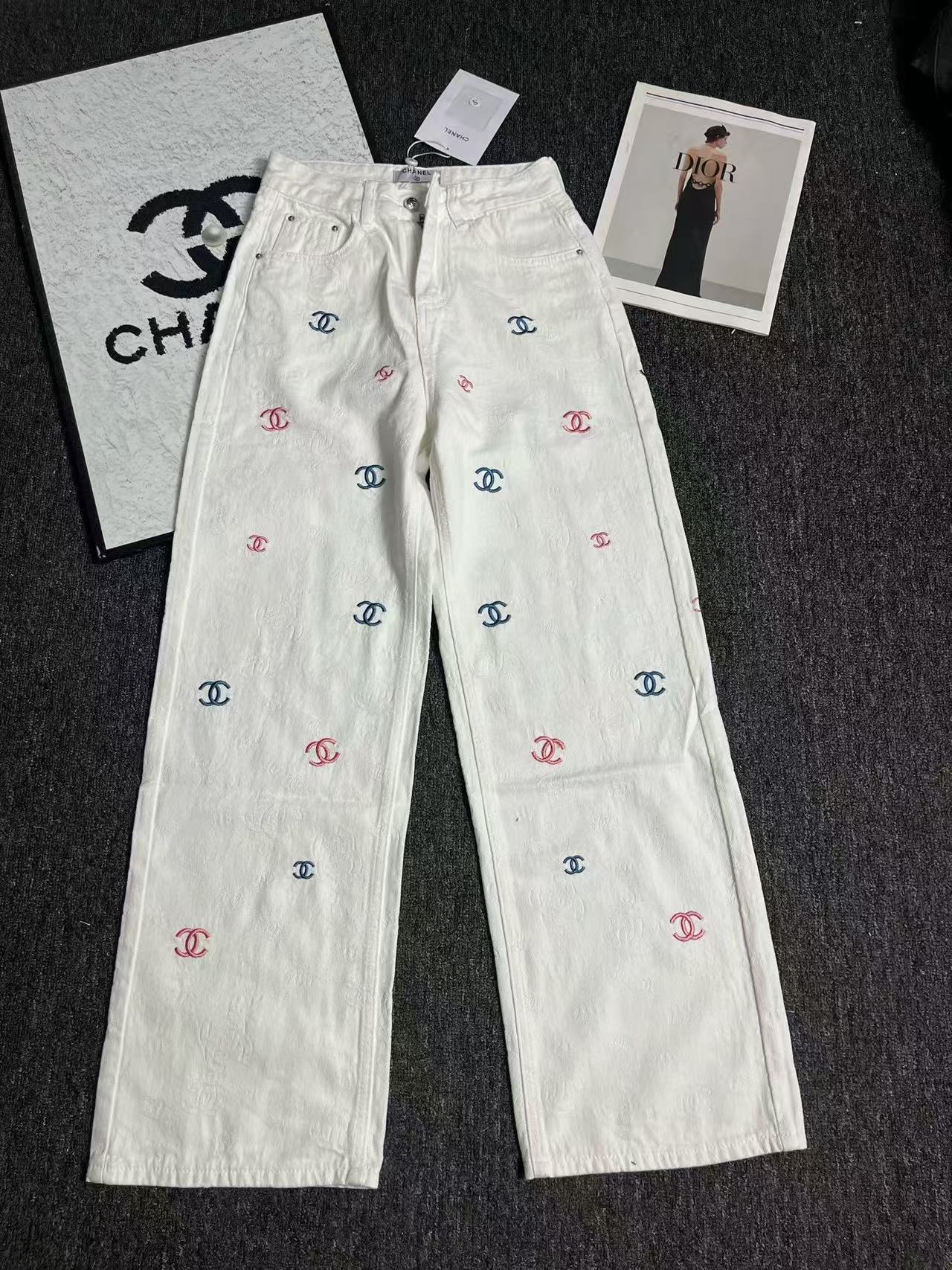 25ss Rainbow Printed Embroidered Letters White Denim Straight Pants