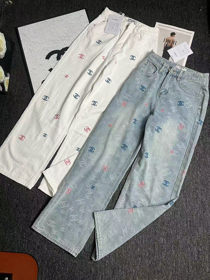 25ss Rainbow Printed Embroidered Letters White Denim Straight Pants