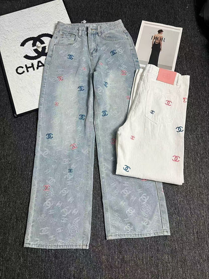 25ss Rainbow Printed Embroidered Letters White Denim Straight Pants