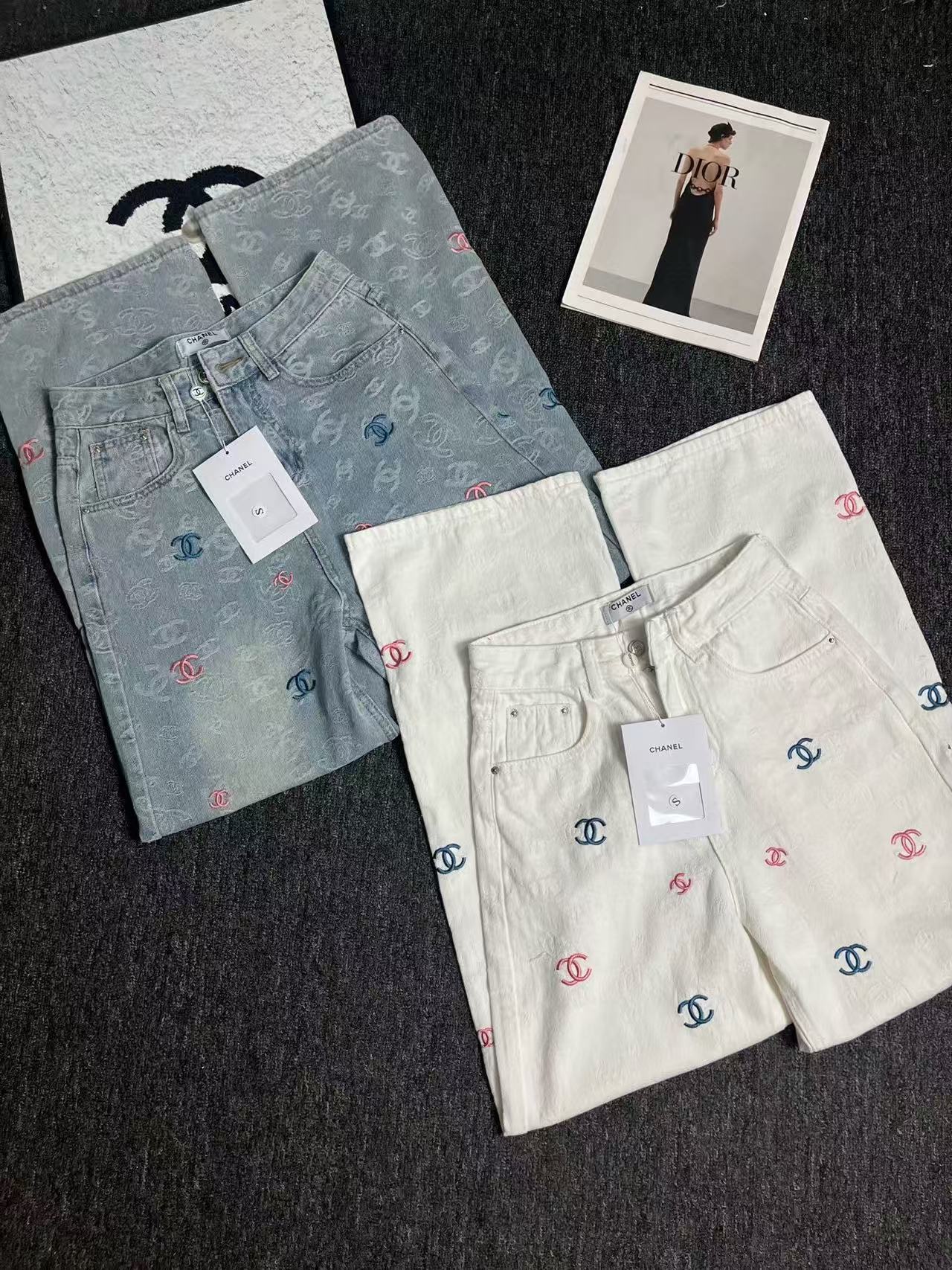 25ss Rainbow Printed Embroidered Letters White Denim Straight Pants