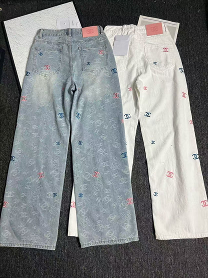 25ss Rainbow Printed Embroidered Letters White Denim Straight Pants
