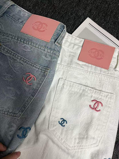 25ss Rainbow Printed Embroidered Letters White Denim Straight Pants